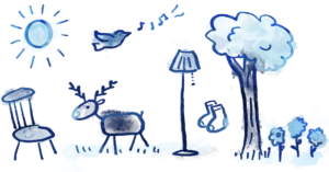 Some of the name suggestions given by the toddler, including Sun, Chair, Light, Tree, and Flowers. Objects are drawn in a childish style in varying shades of blue.