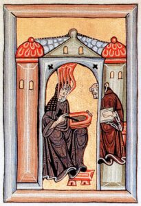 Illustration of Hildegard of Bingen receiving a holy vision (from an illuminated manuscript)