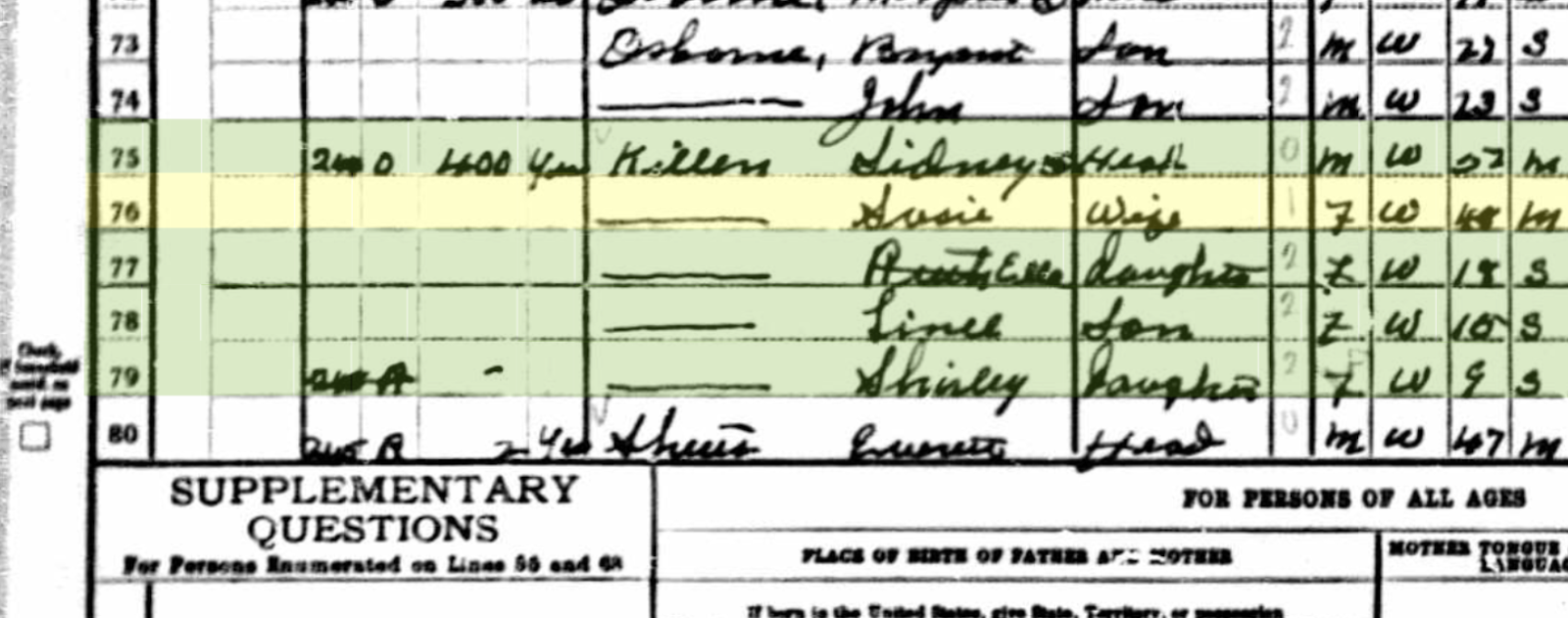 Screenshot of a scanned image of a handwritten census record. The important entry is highlighted in yellow. It is written in cursive, and says "Susie".