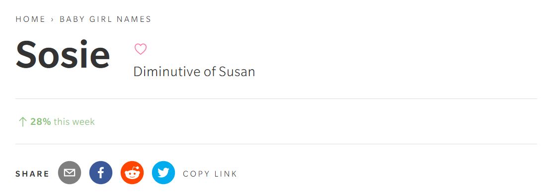 Screenshot of the nameberry.com listing for the name Sosie, saying "Sosie: Diminutive of Susan"
